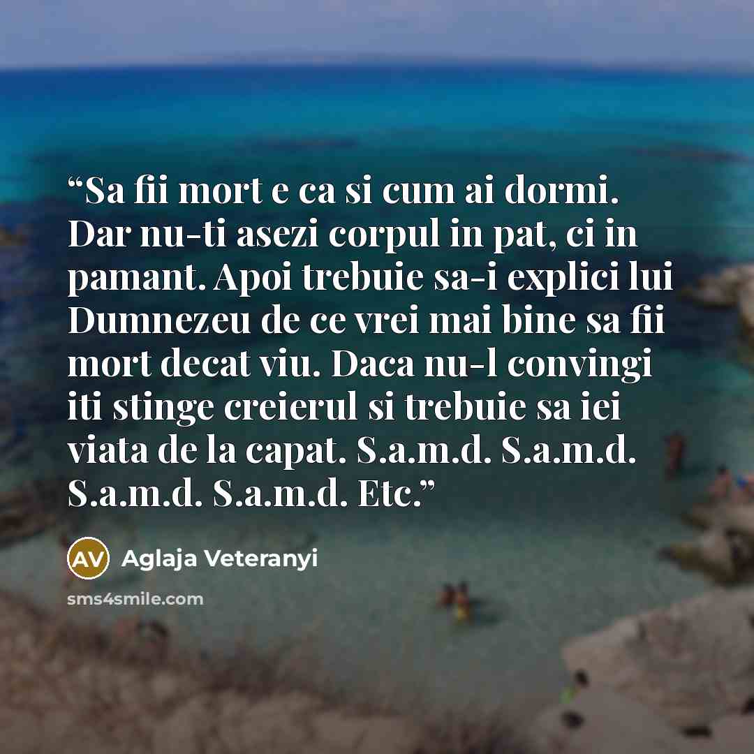 “Sa fii mort e ca si cum ai dormi. Dar nu-ti asezi corpul in pat, ci in pamant. Apoi trebuie sa-i explici lui Dumnezeu de ce vrei mai bine sa fii mort decat viu. Daca nu-l convingi iti stinge creierul si trebuie sa iei viata de la capat. S.a.m.d. S.a.m.d. S.a.m.d. S.a.m.d. Etc.” quote by Aglaja Veteranyi