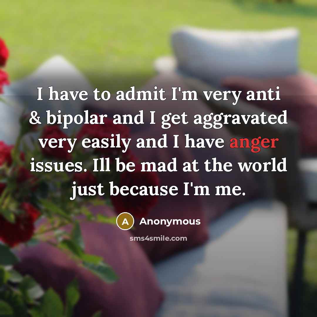 “I have to admit I'm very anti & bipolar and I get aggravated very easily and I have anger issues. Ill be mad at the world just because I'm me.” quote by Anonymous