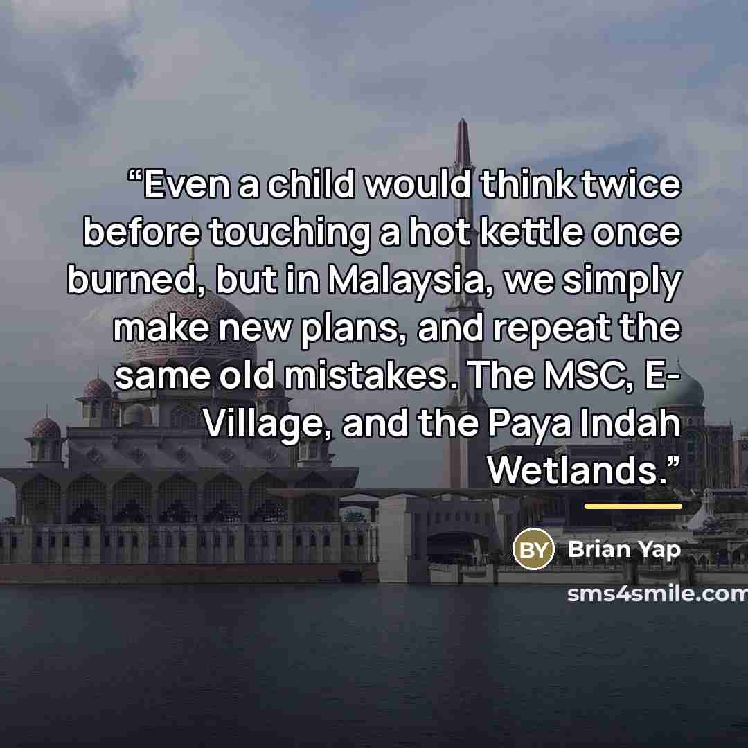 “Even a child would think twice before touching a hot kettle once burned, but in Malaysia, we simply make new plans, and repeat the same old mistakes. The MSC, E- Village, and the Paya Indah Wetlands.” quote by Brian Yap