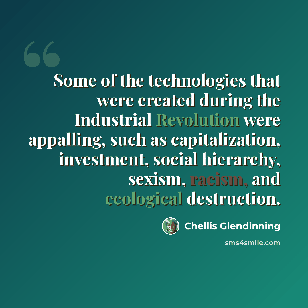 “Some of the technologies that were created during the Industrial Revolution were appalling, such as capitalization, investment, social hierarchy, sexism, racism, and ecological destruction.” quote by Chellis Glendinning