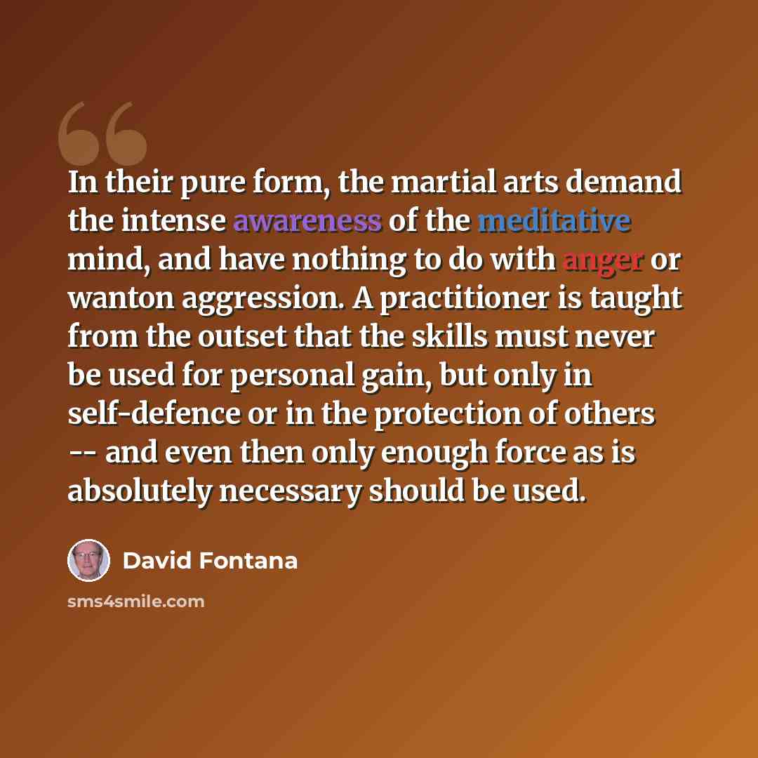 “In their pure form, the martial arts demand the intense awareness of the meditative mind, and have nothing to do with anger or wanton aggression. A practitioner is taught from the outset that the skills must never be used for personal gain, but only in self-defence or in the protection of others…” quote by David Fontana