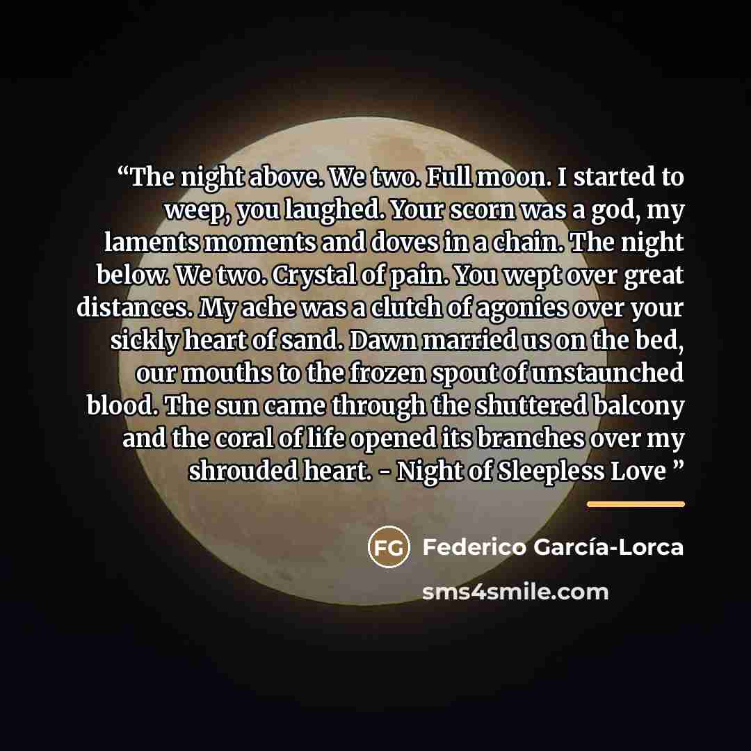“The night above. We two. Full moon. I started to weep, you laughed. Your scorn was a god, my laments moments and doves in a chain. The night below. We two. Crystal of pain. You wept over great distances. My ache was a clutch of agonies over your sickly heart of sand. Dawn married us on the bed…” quote by Federico García-Lorca