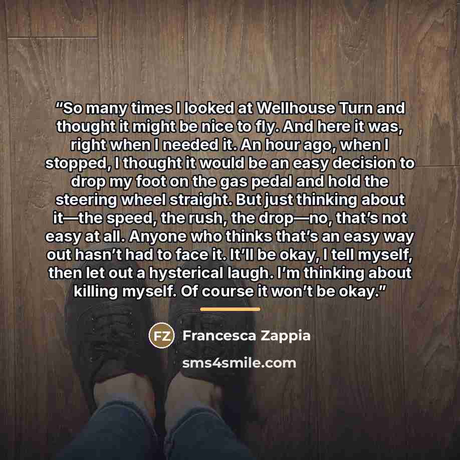 “So many times I looked at Wellhouse Turn and thought it might be nice to fly. And here it was, right when I needed it. An hour ago, when I stopped, I thought it would be an easy decision to drop my foot on the gas pedal and hold the steering wheel straight. But just thinking about it—the speed…” quote by Francesca Zappia