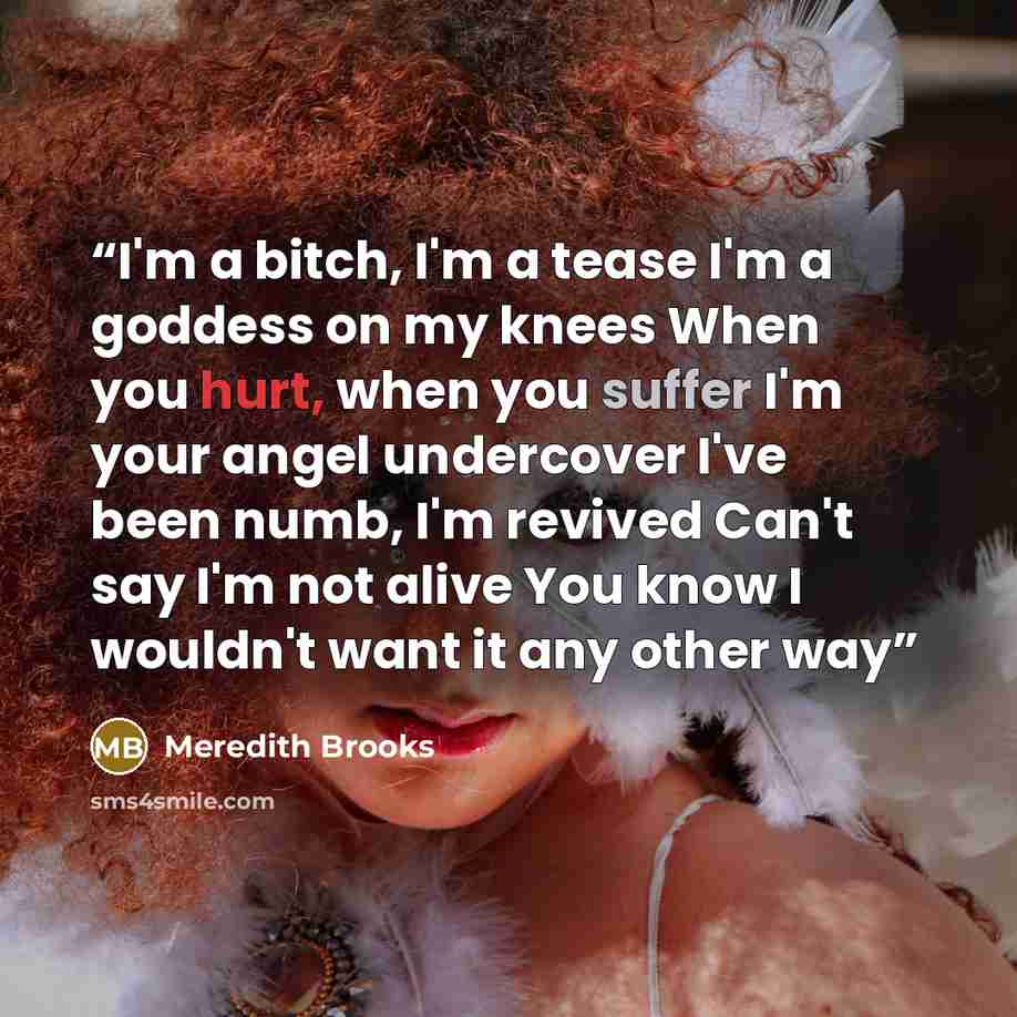 “I'm a bitch, I'm a tease I'm a goddess on my knees When you hurt, when you suffer I'm your angel undercover I've been numb, I'm revived Can't say I'm not alive You know I wouldn't want it any other way” quote by Meredith Brooks