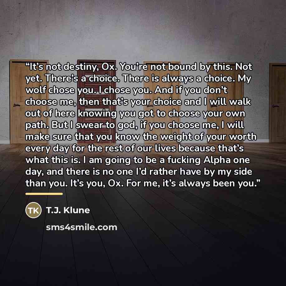 “It’s not destiny, Ox. You’re not bound by this. Not yet. There’s a choice. There is always a choice. My wolf chose you. I chose you. And if you don’t choose me, then that’s your choice and I will walk out of here knowing you got to choose your own path. But I swear to god, if you choose me, I will…” quote by T.J. Klune