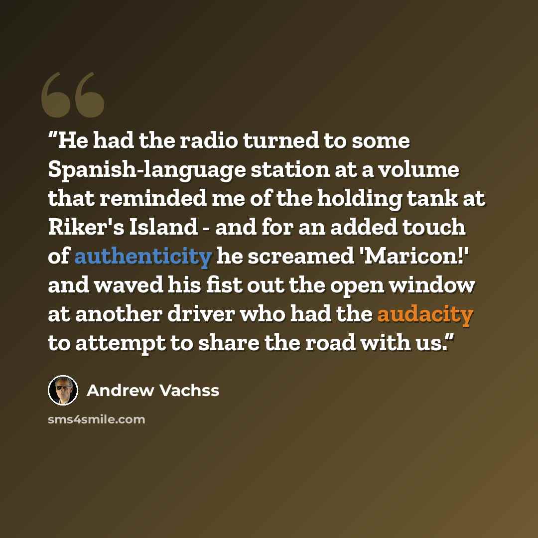 “He had the radio turned to some Spanish-language station at a volume that reminded me of the holding tank at Riker's Island - and for an added touch of authenticity he screamed 'Maricon!' and waved his fist out the open window at another driver who had the audacity to attempt to share the road…” quote by Andrew Vachss
