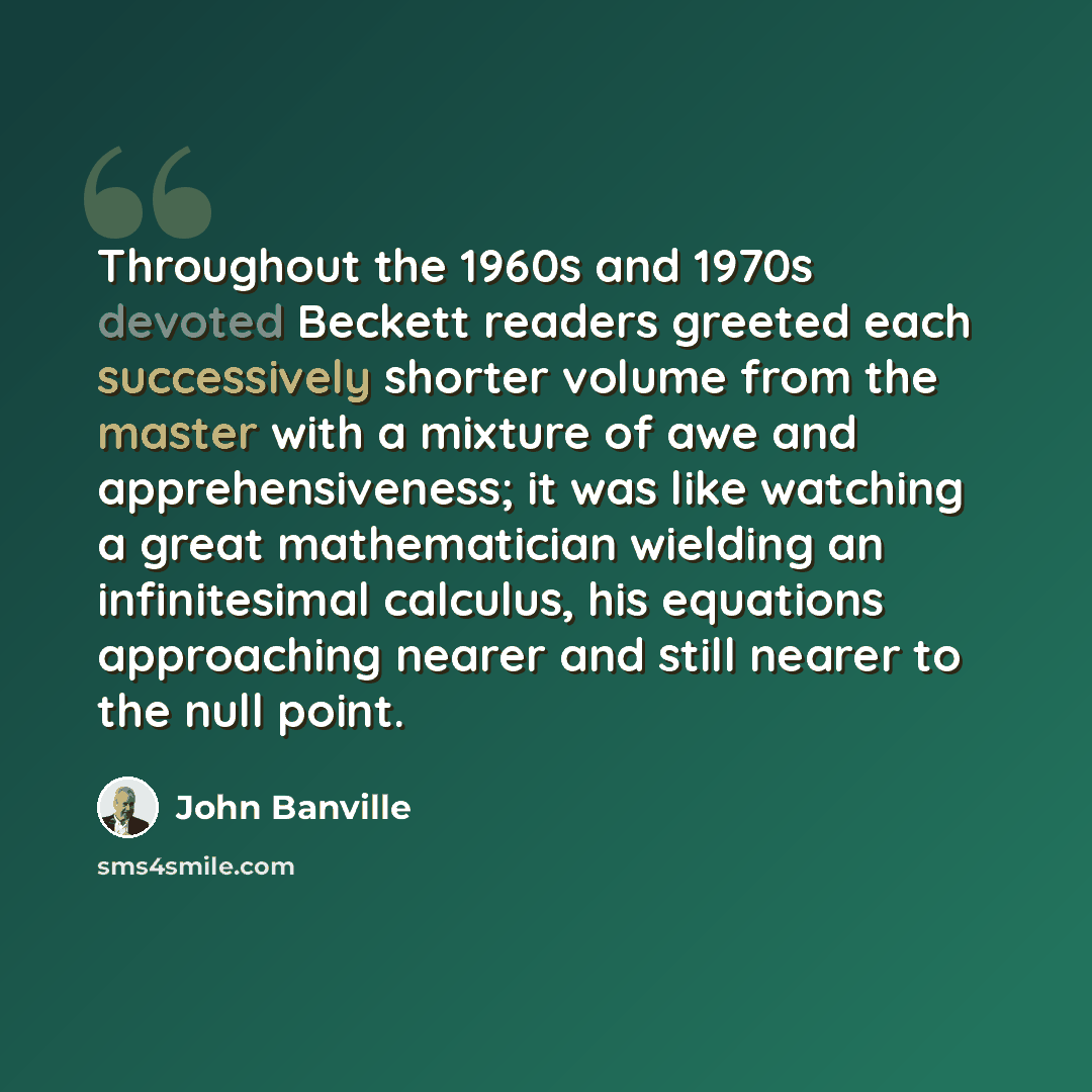 “Throughout the 1960s and 1970s devoted Beckett readers greeted each successively shorter volume from the master with a mixture of awe and apprehensiveness; it was like watching a great mathematician wielding an infinitesimal calculus, his equations approaching nearer and still nearer to the null…” quote by John Banville