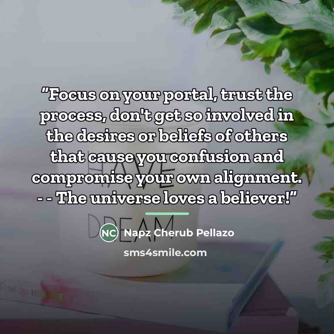 “Focus on your portal, trust the process, don't get so involved in the desires or beliefs of others that cause you confusion and compromise your own alignment. - - The universe loves a believer!” quote by Napz Cherub Pellazo