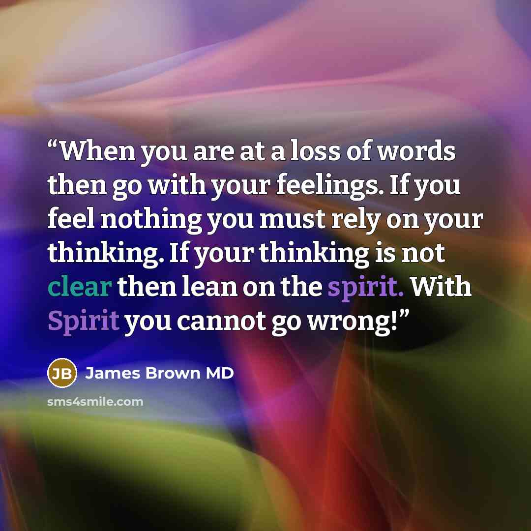 “When you are at a loss of words then go with your feelings. If you feel nothing you must rely on your thinking. If your thinking is not clear then lean on the spirit. With Spirit you cannot go wrong!” quote by James Brown MD