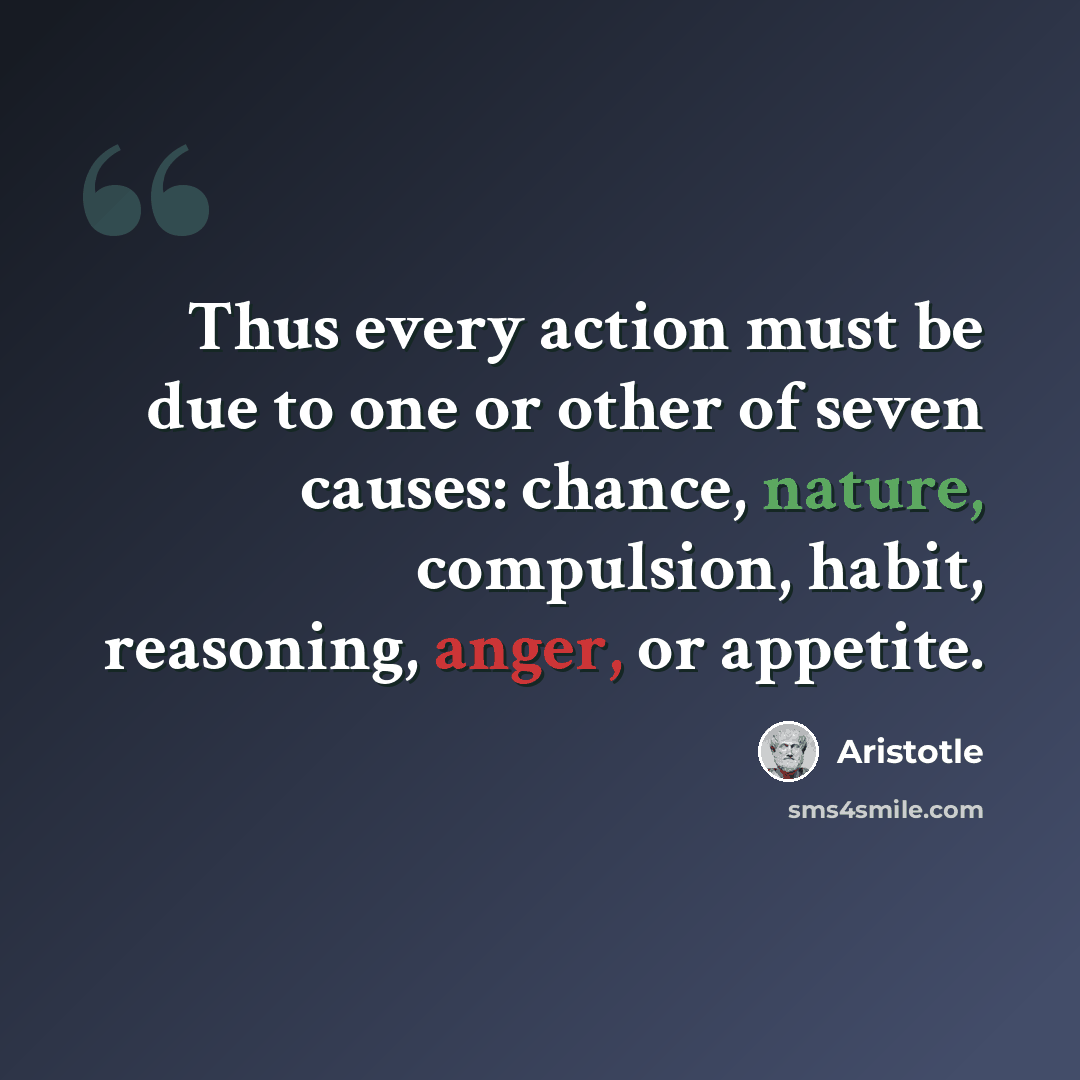 “Thus every action must be due to one or other of seven causes: chance, nature, compulsion, habit, reasoning, anger, or appetite.” quote by Aristotle