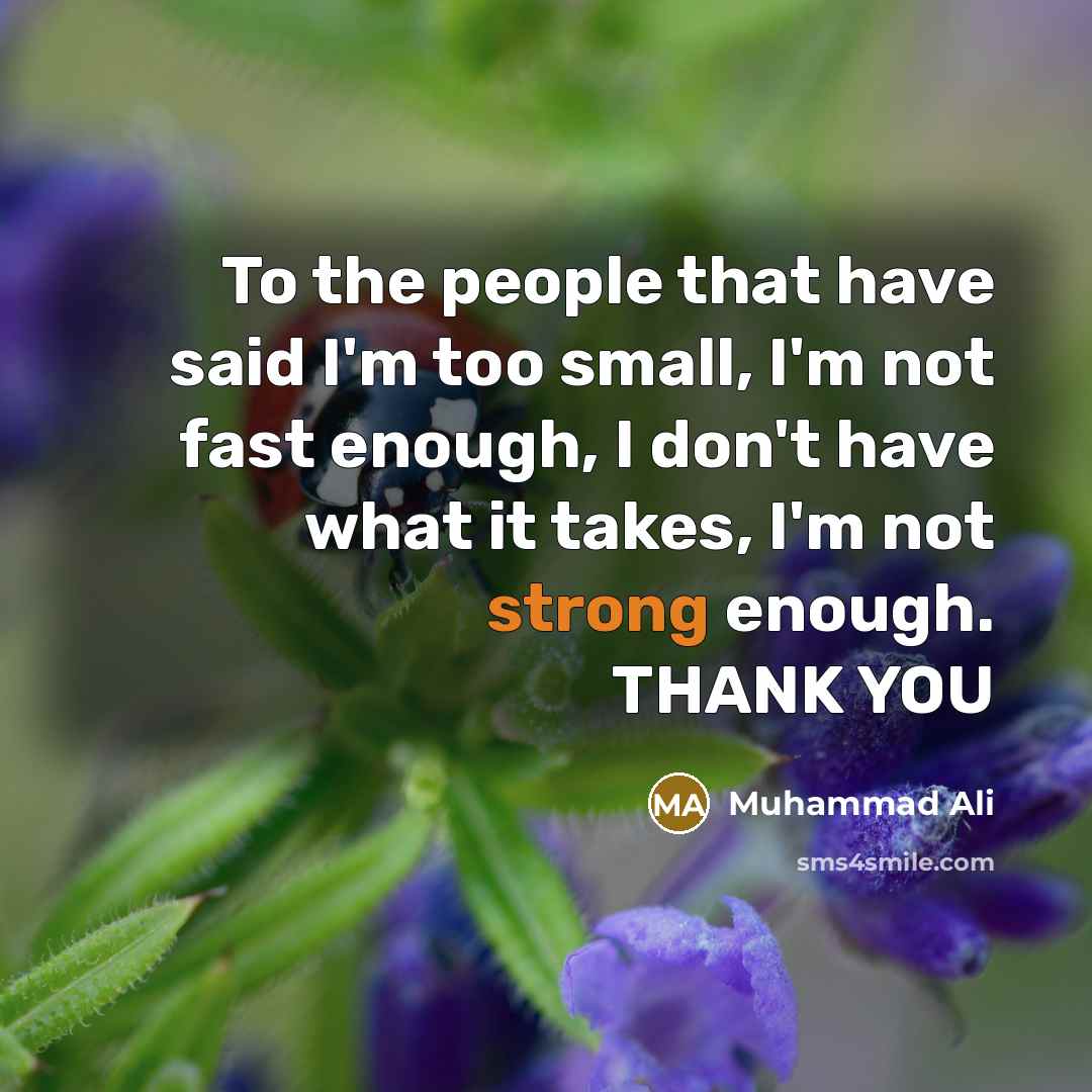 “To the people that have said I'm too small, I'm not fast enough, I don't have what it takes, I'm not strong enough. THANK YOU” quote by Muhammad Ali