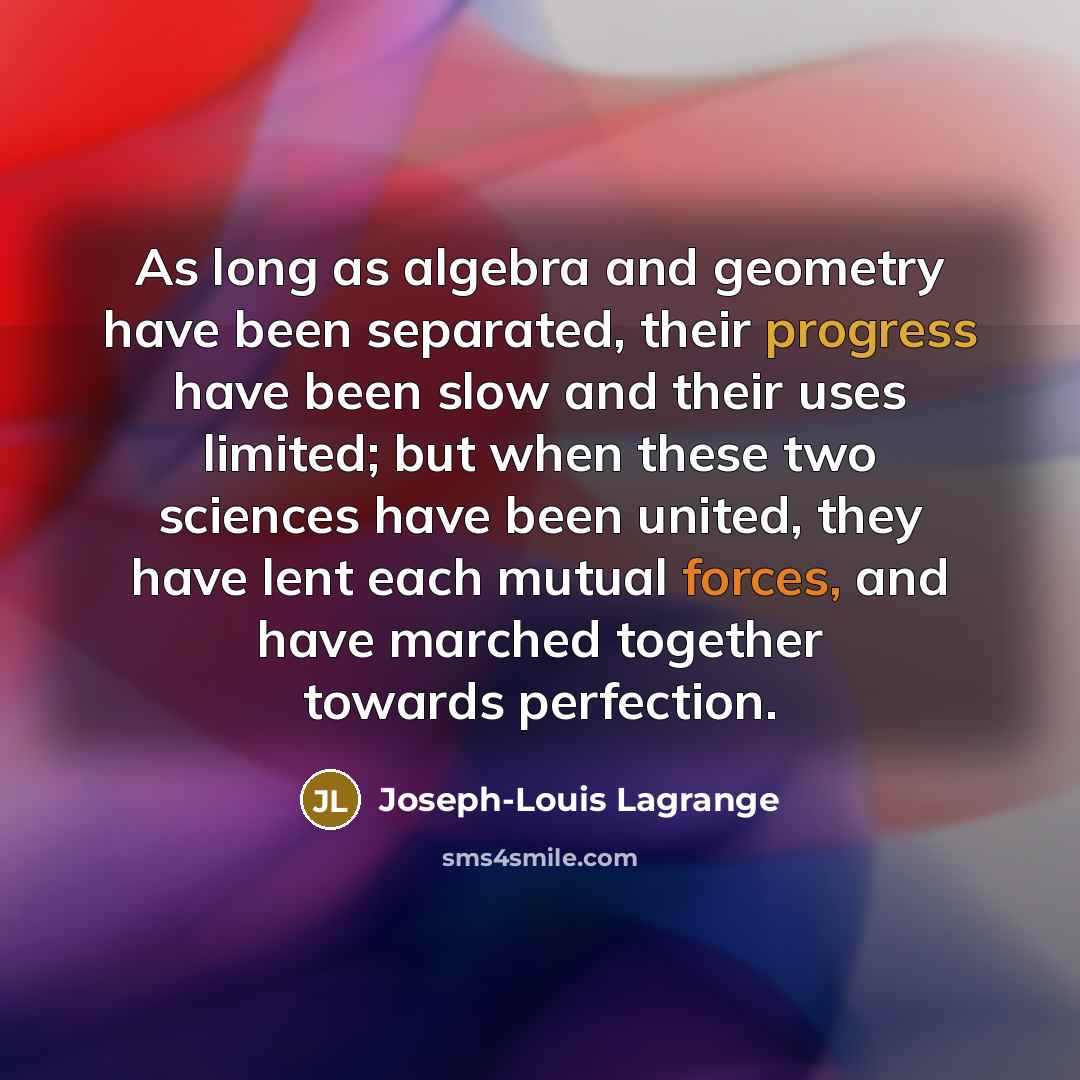 “As long as algebra and geometry have been separated, their progress have been slow and their uses limited; but when these two sciences have been united, they have lent each mutual forces, and have marched together towards perfection.” quote by Joseph-Louis Lagrange
