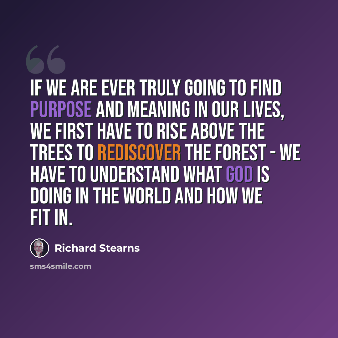 “If we are ever truly going to find purpose and meaning in our lives, we first have to rise above the trees to rediscover the forest - we have to understand what God is doing in the world and how we fit in.” quote by Richard Stearns
