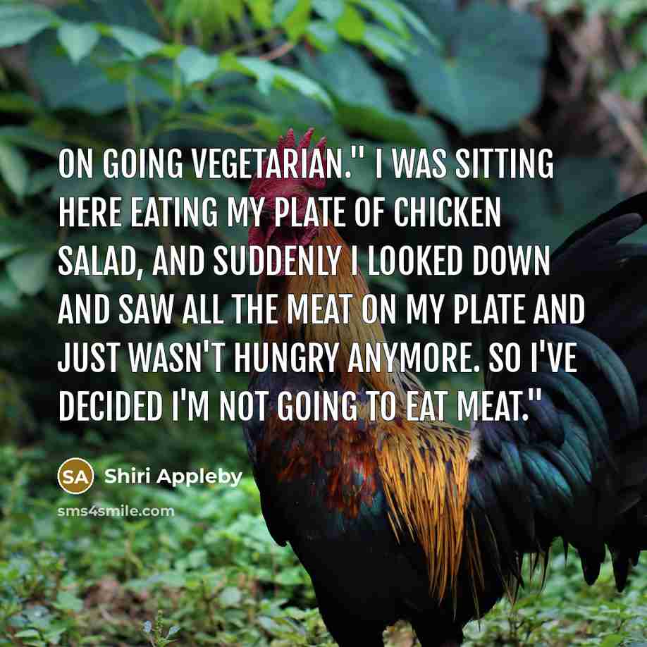“On going vegetarian." I was sitting here eating my plate of chicken salad, and suddenly I looked down and saw all the meat on my plate and just wasn't hungry anymore. So i've decided I'm not going to eat meat."” quote by Shiri Appleby