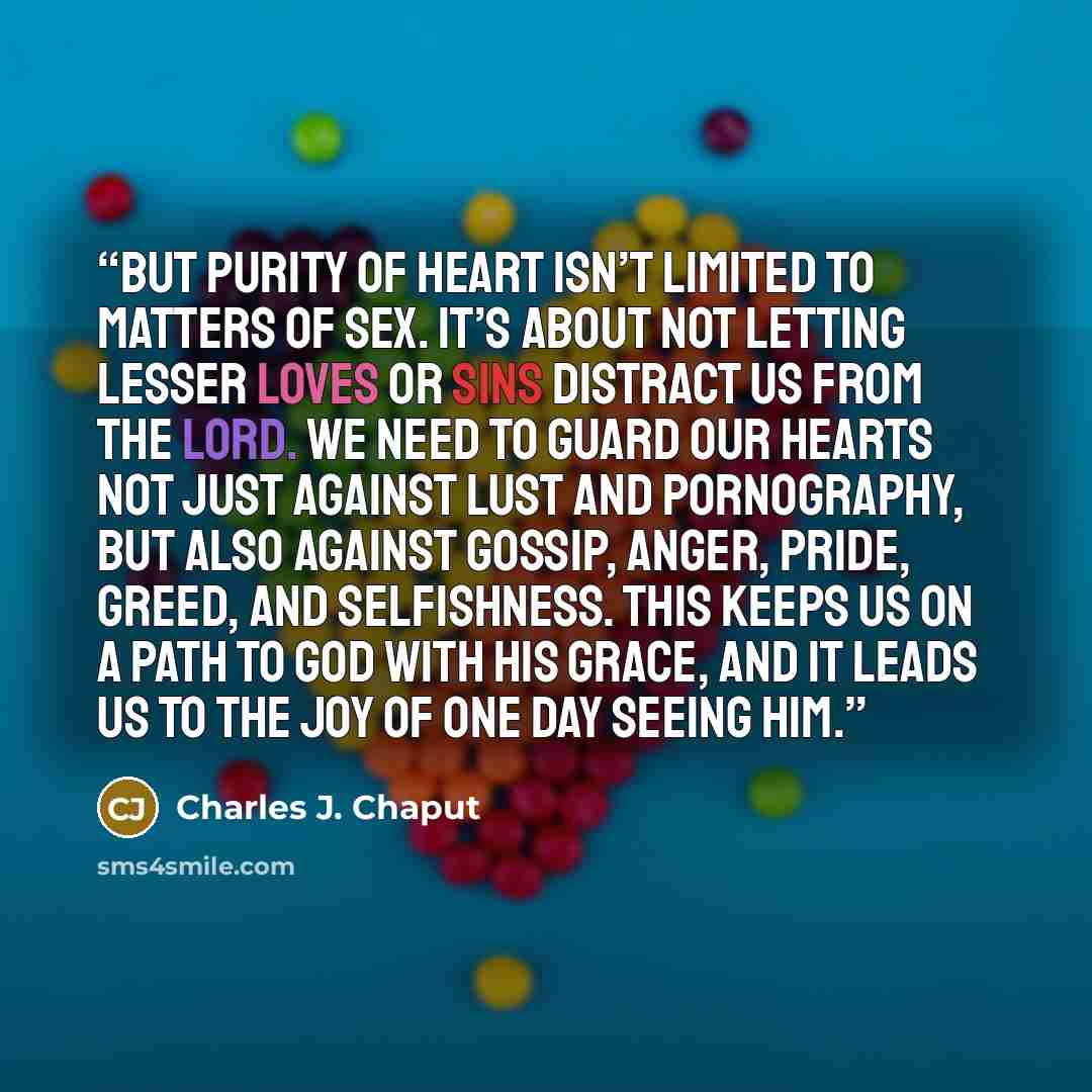 “But purity of heart isn’t limited to matters of sex. It’s about not letting lesser loves or sins distract us from the Lord. We need to guard our hearts not just against lust and pornography, but also against gossip, anger, pride, greed, and selfishness. This keeps us on a path to God with his…” quote by Charles J. Chaput