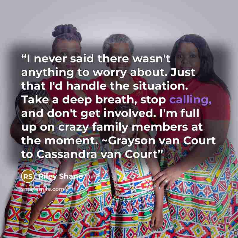 “I never said there wasn't anything to worry about. Just that I'd handle the situation. Take a deep breath, stop calling, and don't get involved. I'm full up on crazy family members at the moment. ~Grayson van Court to Cassandra van Court” quote by Riley Shane