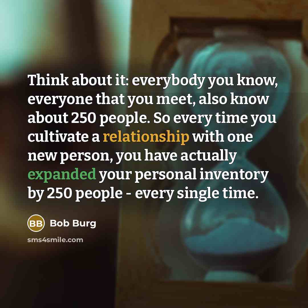 “Think about it: everybody you know, everyone that you meet, also know about 250 people. So every time you cultivate a relationship with one new person, you have actually expanded your personal inventory by 250 people - every single time.” quote by Bob Burg