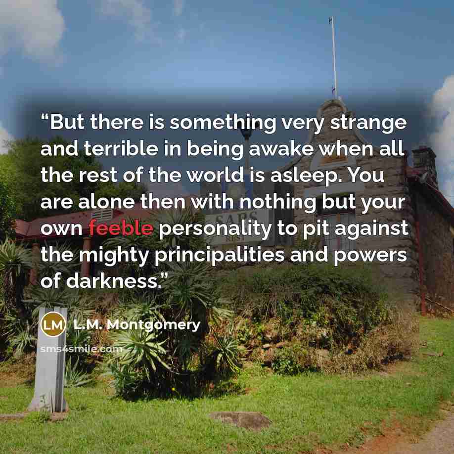 “But there is something very strange and terrible in being awake when all the rest of the world is asleep. You are alone then with nothing but your own feeble personality to pit against the mighty principalities and powers of darkness.” quote by L.M. Montgomery