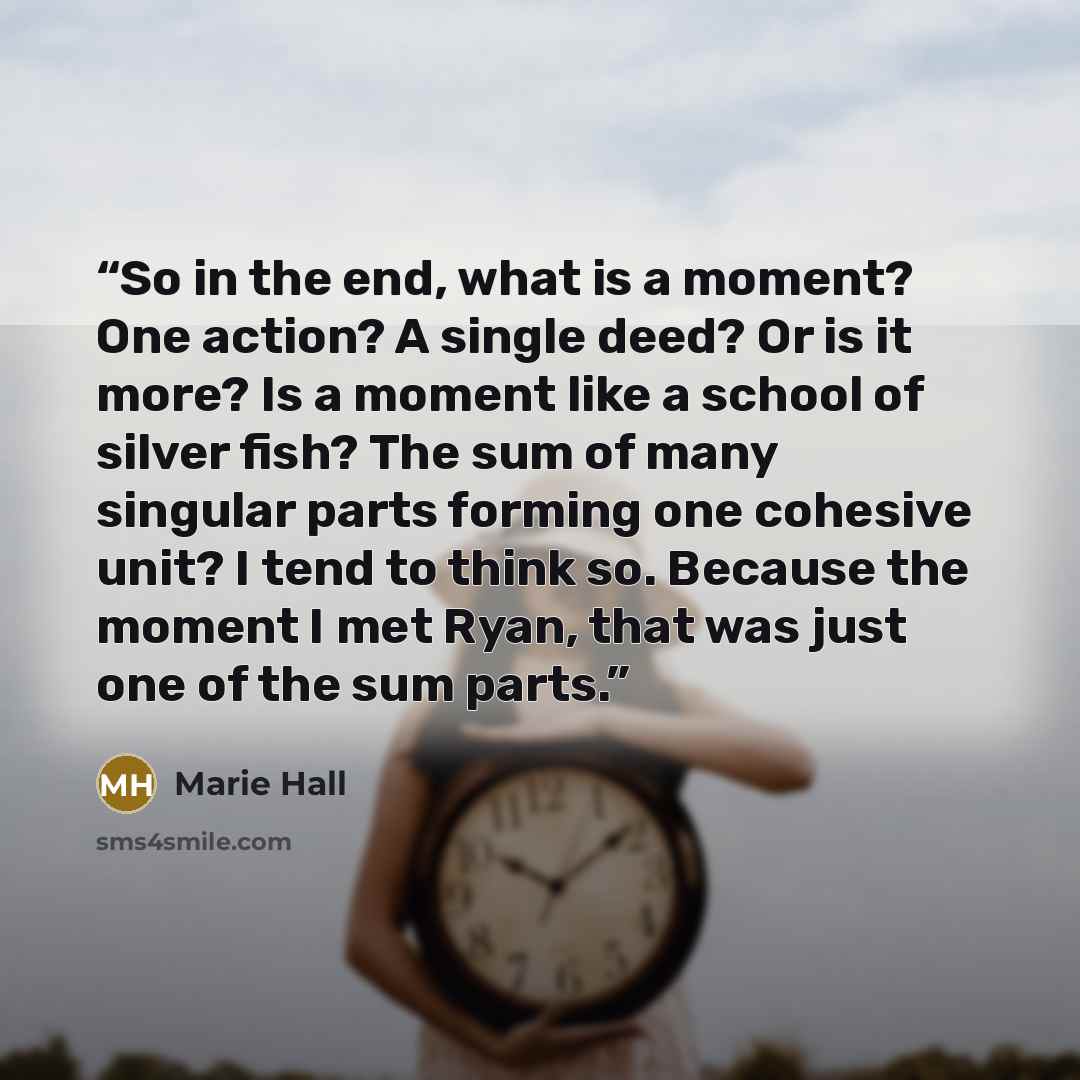 “So in the end, what is a moment? One action? A single deed? Or is it more? Is a moment like a school of silver fish? The sum of many singular parts forming one cohesive unit? I tend to think so. Because the moment I met Ryan, that was just one of the sum parts.” quote by Marie Hall