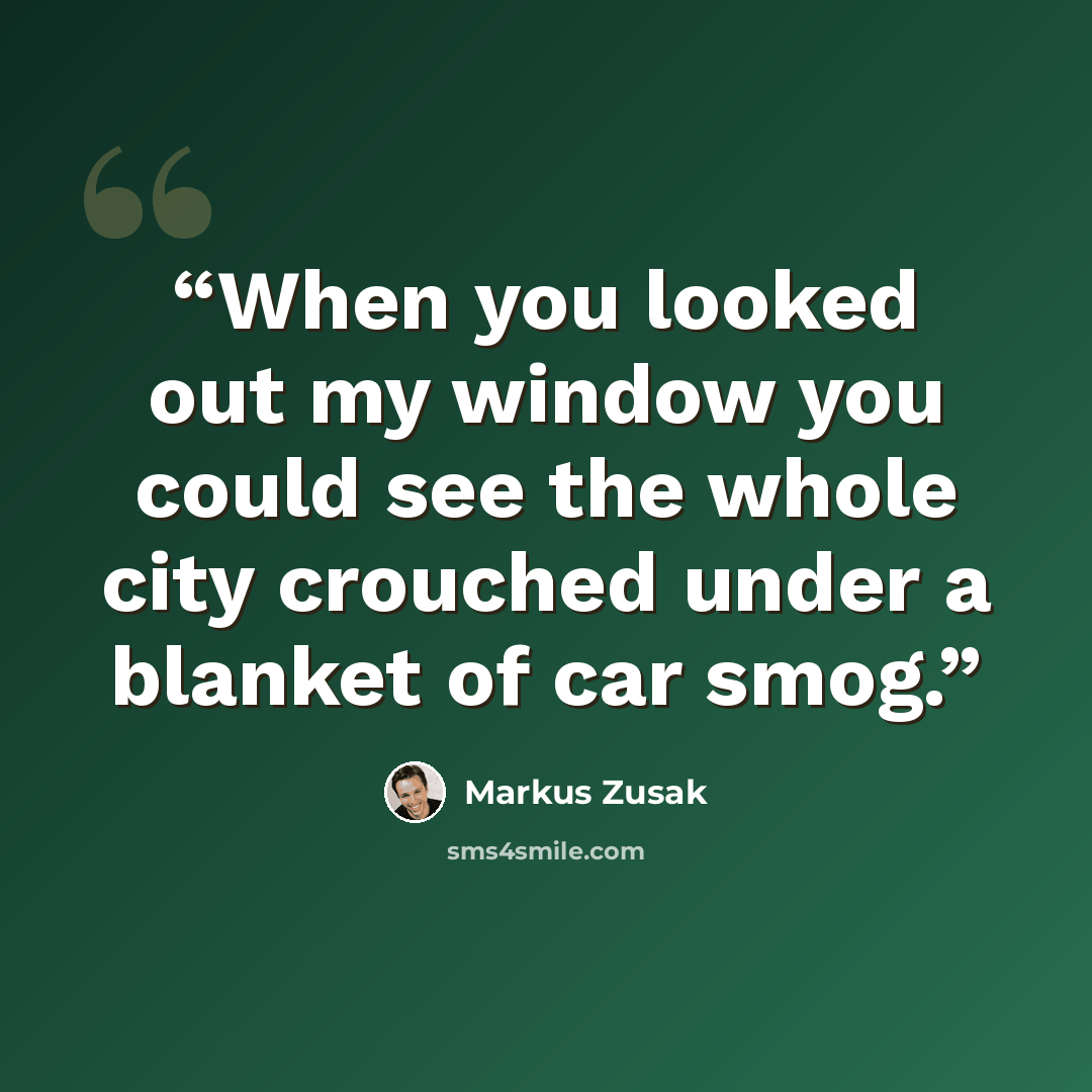 “When you looked out my window you could see the whole city crouched under a blanket of car smog.” quote by Markus Zusak