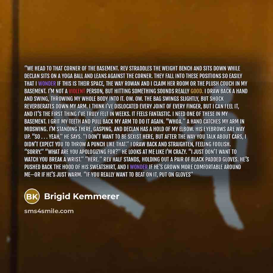 “We head to that corner of the basement. Rev straddles the weight bench and sits down while Declan sits on a yoga ball and leans against the corner. They fall into these positions so easily that I wonder if this is their space, the way Rowan and I claim her room or the plush couch in my basement…” quote by Brigid Kemmerer