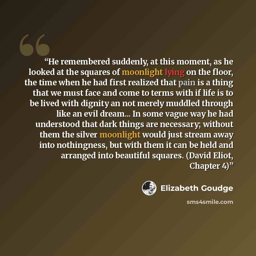 “He remembered suddenly, at this moment, as he looked at the squares of moonlight lying on the floor, the time when he had first realized that pain is a thing that we must face and come to terms with if life is to be lived with dignity an not merely muddled through like an evil dream... In some…” quote by Elizabeth Goudge