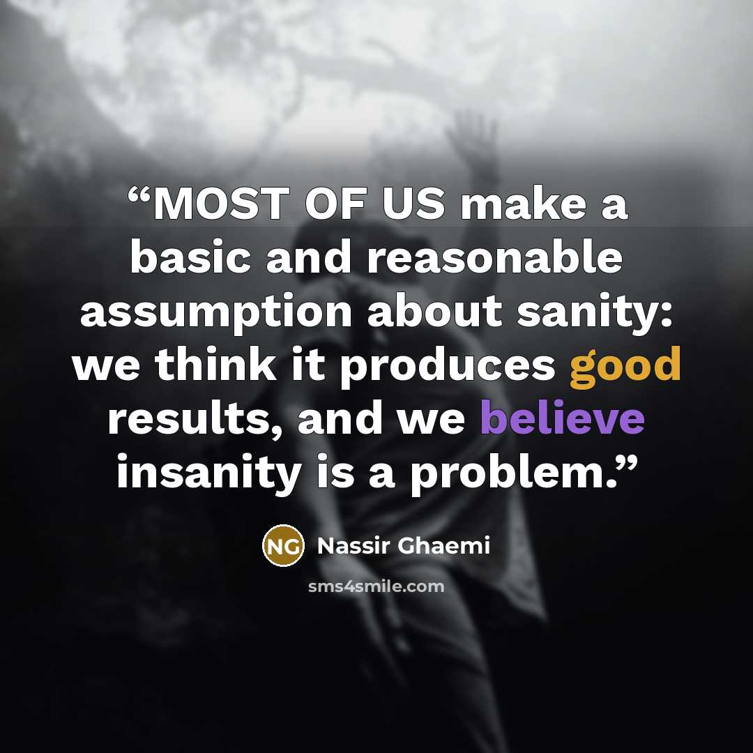 “MOST OF US make a basic and reasonable assumption about sanity: we think it produces good results, and we believe insanity is a problem.” quote by Nassir Ghaemi