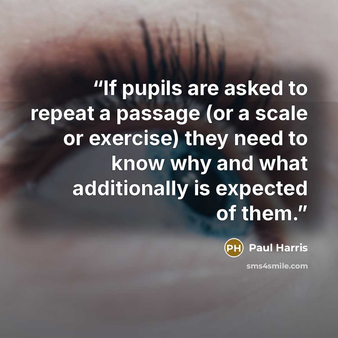 “If pupils are asked to repeat a passage (or a scale or exercise) they need to know why and what additionally is expected of them.” quote by Paul Harris