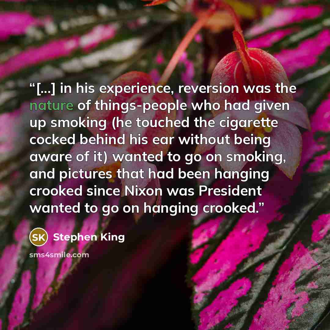 “[...] in his experience, reversion was the nature of things-people who had given up smoking (he touched the cigarette cocked behind his ear without being aware of it) wanted to go on smoking, and pictures that had been hanging crooked since Nixon was President wanted to go on hanging crooked.” quote by Stephen King