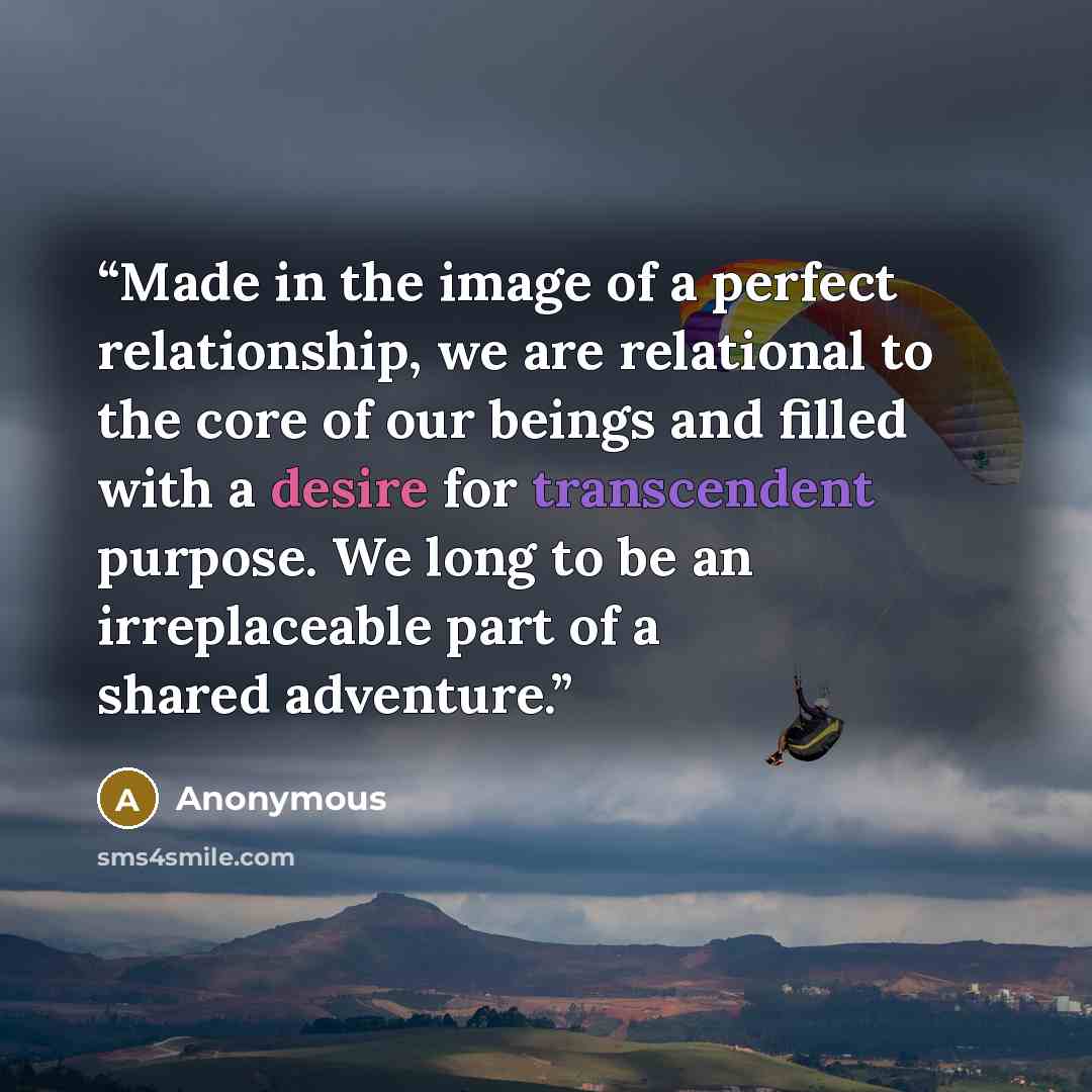 “Made in the image of a perfect relationship, we are relational to the core of our beings and filled with a desire for transcendent purpose. We long to be an irreplaceable part of a shared adventure.” quote by Anonymous