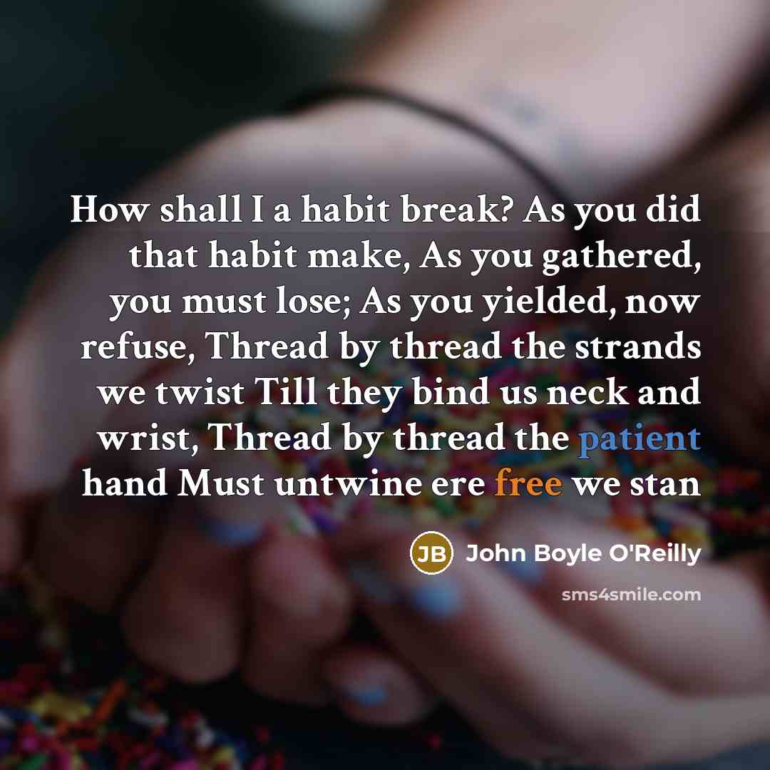 “How shall I a habit break? As you did that habit make, As you gathered, you must lose; As you yielded, now refuse, Thread by thread the strands we twist Till they bind us neck and wrist, Thread by thread the patient hand Must untwine ere free we stan” quote by John Boyle O'Reilly