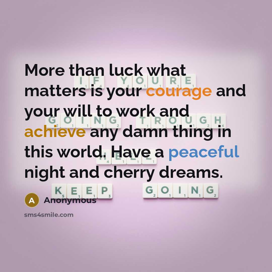 “More than luck what matters is your courage and your will to work and achieve any damn thing in this world. Have a peaceful night and cherry dreams.” quote by Anonymous