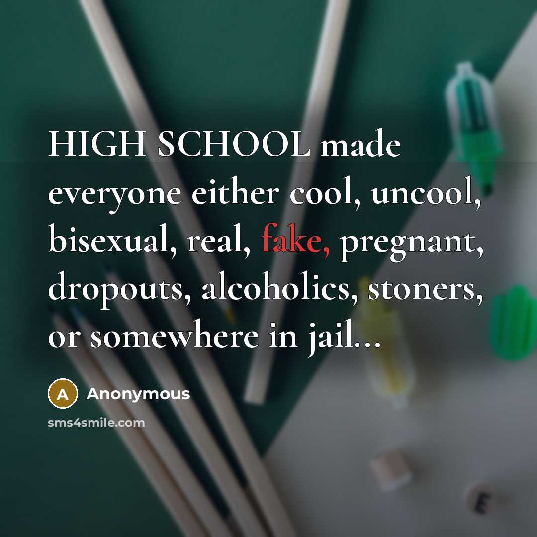 “HIGH SCHOOL made everyone either cool, uncool, bisexual, real, fake, pregnant, dropouts, alcoholics, stoners, or somewhere in jail...” quote by Anonymous