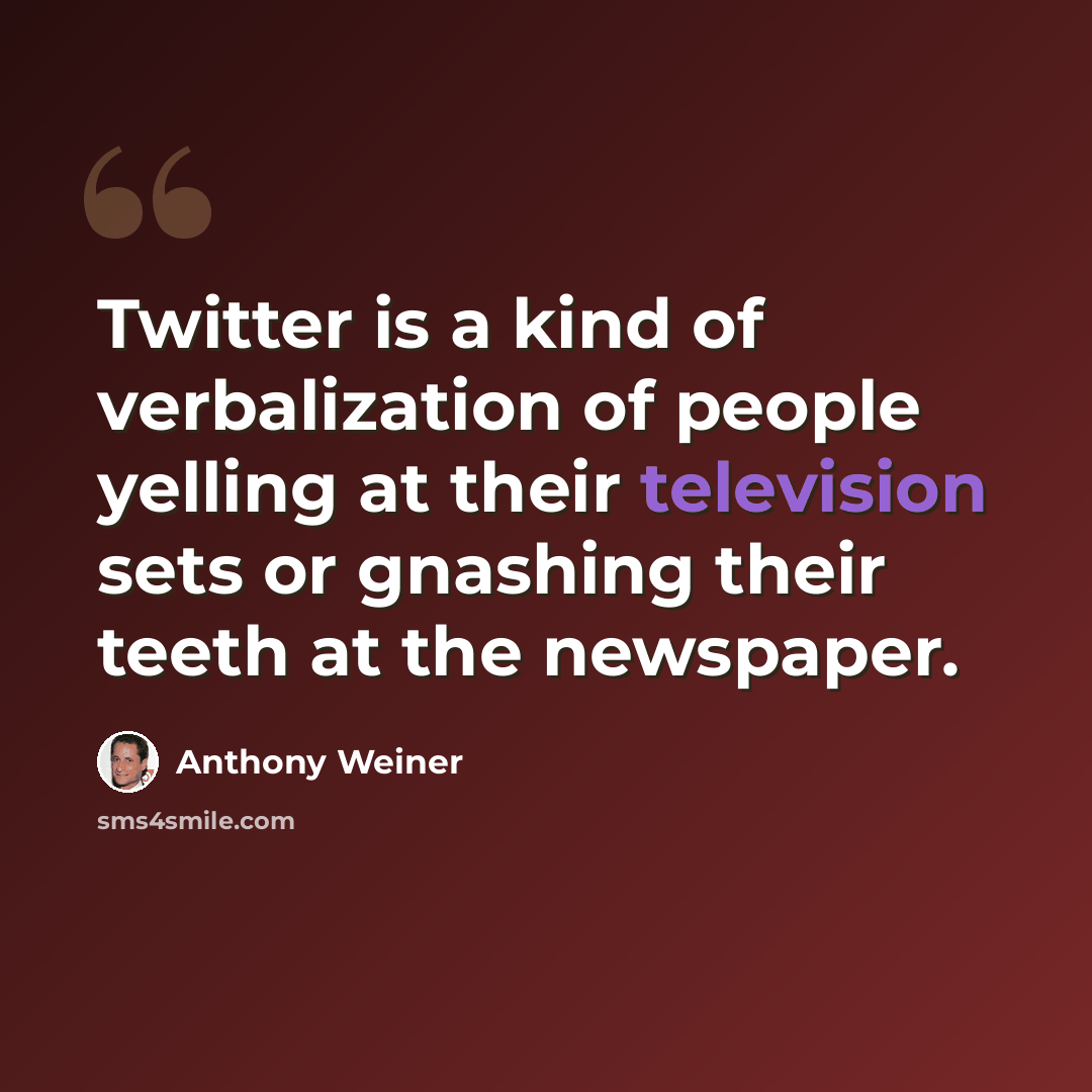 “Twitter is a kind of verbalization of people yelling at their television sets or gnashing their teeth at the newspaper.” quote by Anthony Weiner