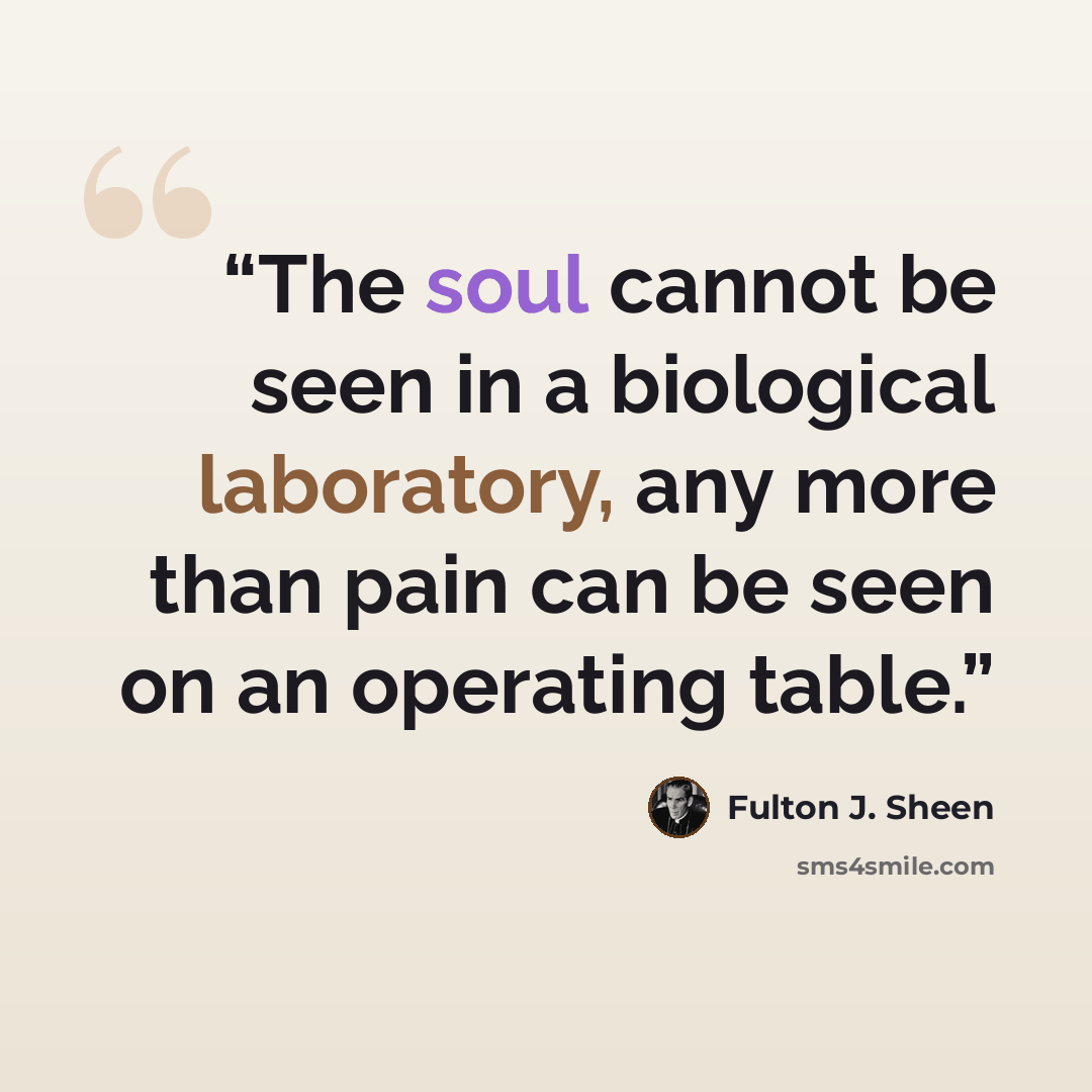 “The soul cannot be seen in a biological laboratory, any more than pain can be seen on an operating table.” quote by Fulton J. Sheen