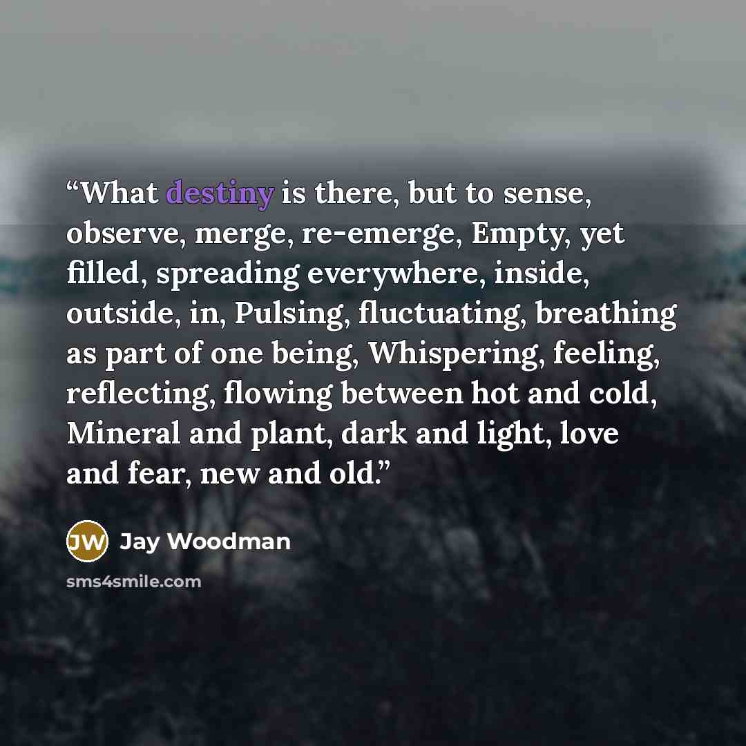 “What destiny is there, but to sense, observe, merge, re-emerge, Empty, yet filled, spreading everywhere, inside, outside, in, Pulsing, fluctuating, breathing as part of one being, Whispering, feeling, reflecting, flowing between hot and cold, Mineral and plant, dark and light, love and fear, new…” quote by Jay Woodman