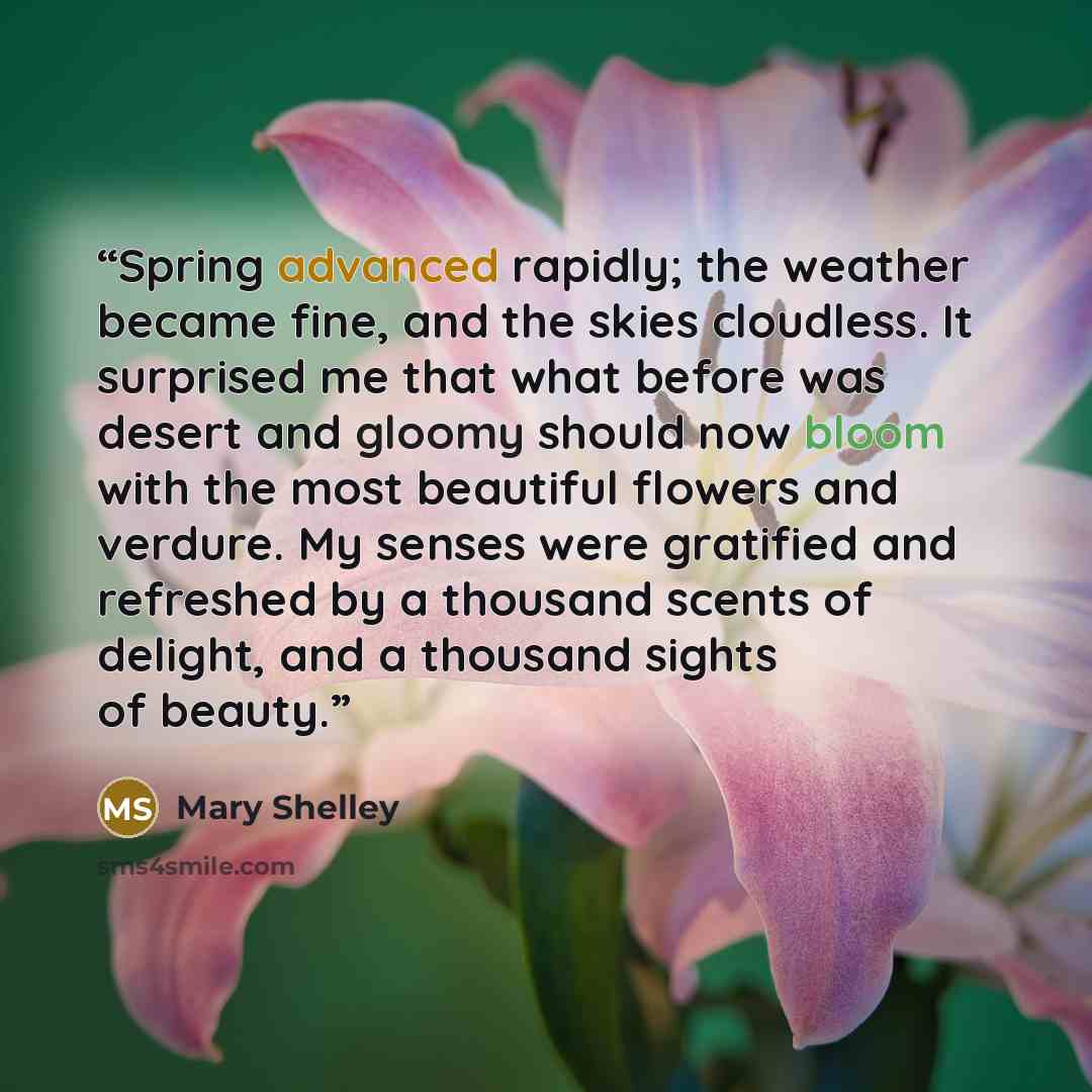 “Spring advanced rapidly; the weather became fine, and the skies cloudless. It surprised me that what before was desert and gloomy should now bloom with the most beautiful flowers and verdure. My senses were gratified and refreshed by a thousand scents of delight, and a thousand sights of beauty.” quote by Mary Shelley
