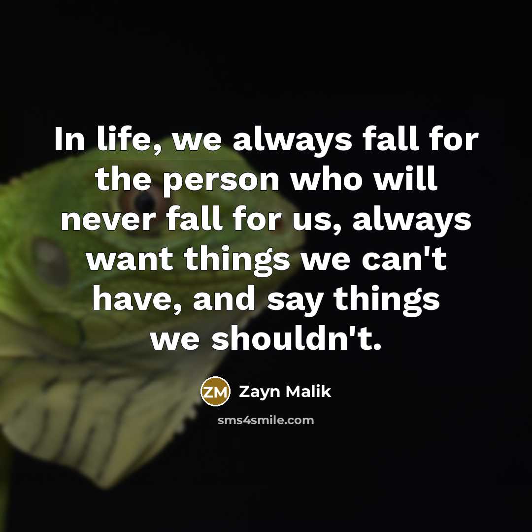 “In life, we always fall for the person who will never fall for us, always want things we can't have, and say things we shouldn't.” quote by Zayn Malik