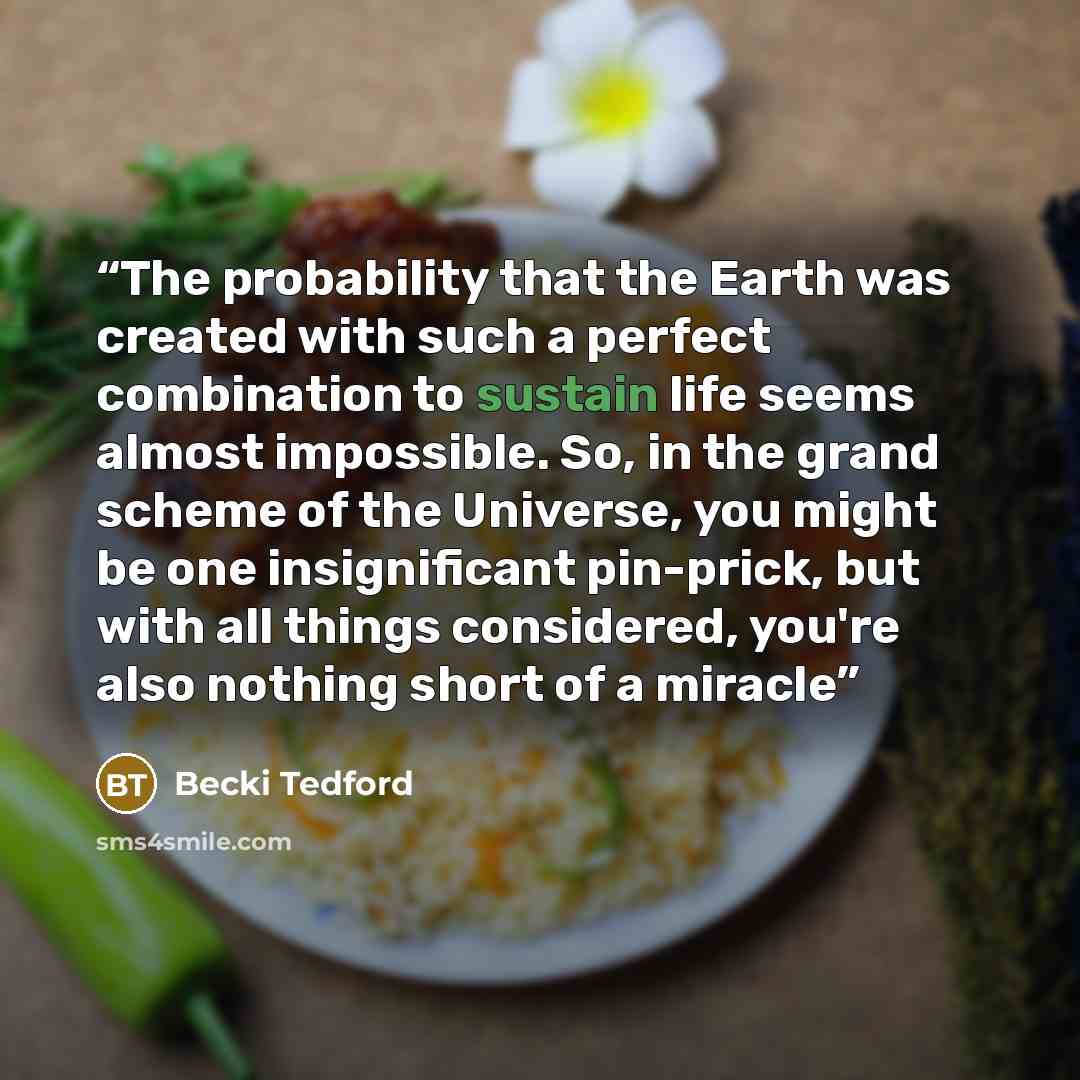 “The probability that the Earth was created with such a perfect combination to sustain life seems almost impossible. So, in the grand scheme of the Universe, you might be one insignificant pin-prick, but with all things considered, you're also nothing short of a miracle” quote by Becki Tedford