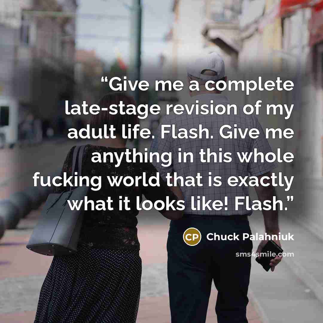 “Give me a complete late-stage revision of my adult life. Flash. Give me anything in this whole fucking world that is exactly what it looks like! Flash.” quote by Chuck Palahniuk