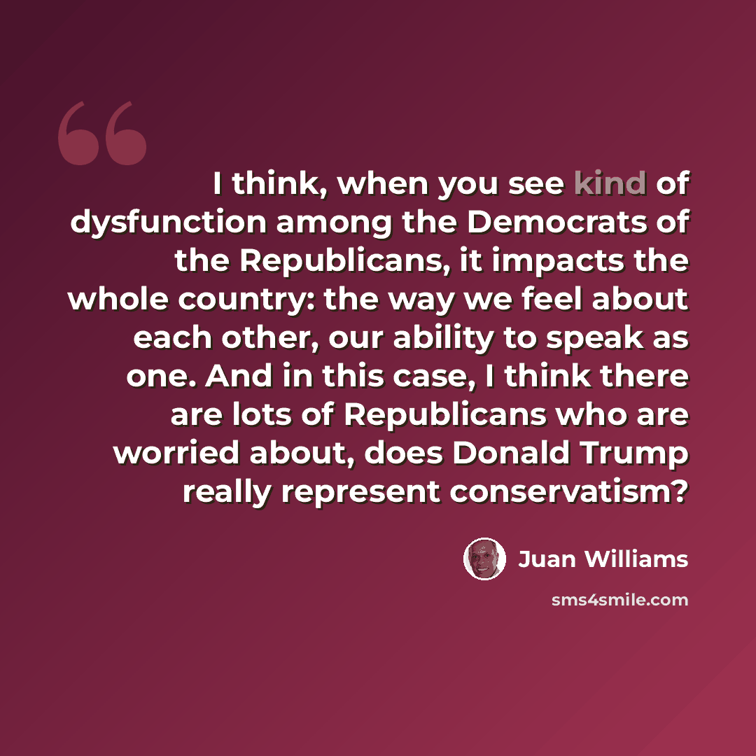 “I think, when you see kind of dysfunction among the Democrats of the Republicans, it impacts the whole country: the way we feel about each other, our ability to speak as one. And in this case, I think there are lots of Republicans who are worried about, does Donald Trump really represent…” quote by Juan Williams