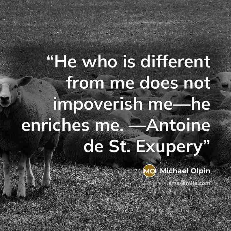 “He who is different from me does not impoverish me—he enriches me. —Antoine de St. Exupery” quote by Michael Olpin