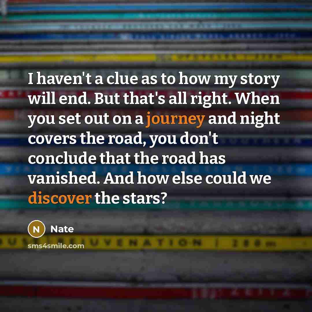“I haven't a clue as to how my story will end. But that's all right. When you set out on a journey and night covers the road, you don't conclude that the road has vanished. And how else could we discover the stars?” quote by Nate