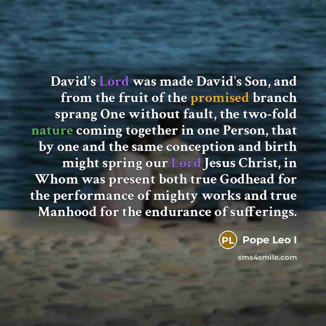 “David's Lord was made David's Son, and from the fruit of the promised branch sprang One without fault, the two-fold nature coming together in one Person, that by one and the same conception and birth might spring our Lord Jesus Christ, in Whom was present both true Godhead for the performance of…” quote by Pope Leo I
