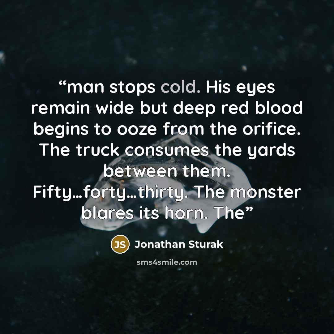 “man stops cold. His eyes remain wide but deep red blood begins to ooze from the orifice. The truck consumes the yards between them. Fifty…forty…thirty. The monster blares its horn. The” quote by Jonathan Sturak