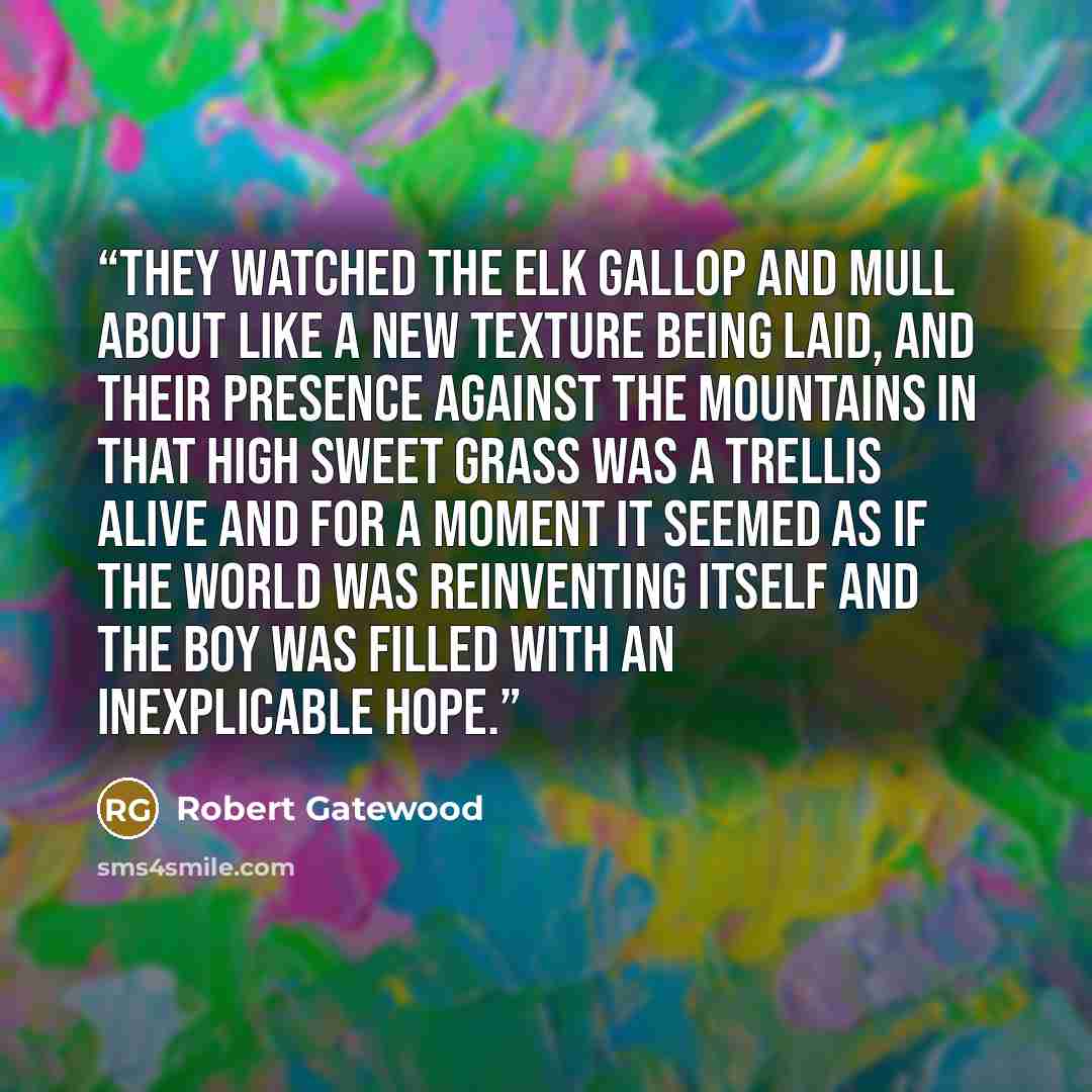 “They watched the elk gallop and mull about like a new texture being laid, and their presence against the mountains in that high sweet grass was a trellis alive and for a moment it seemed as if the world was reinventing itself and the boy was filled with an inexplicable hope.” quote by Robert Gatewood