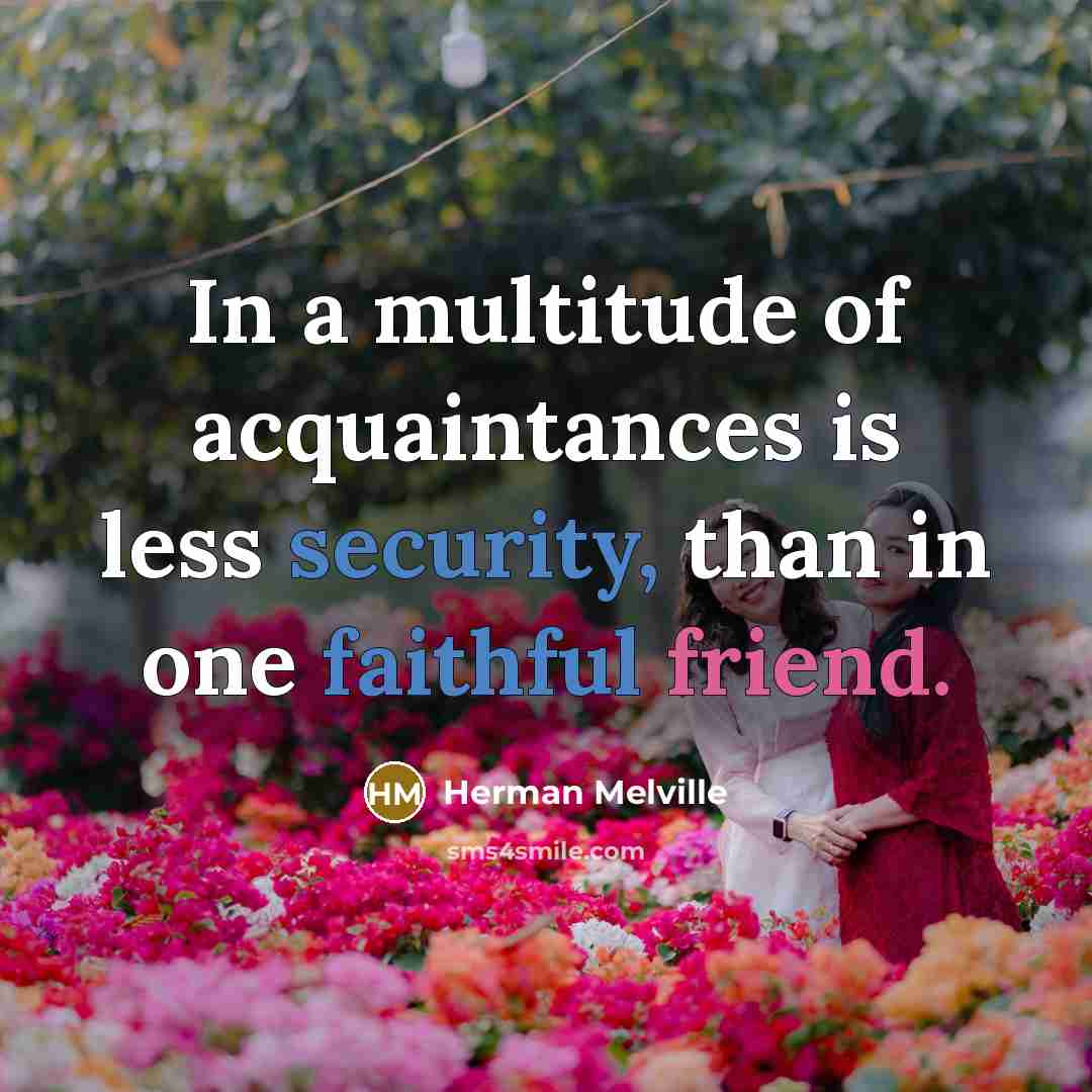 “In a multitude of acquaintances is less security, than in one faithful friend.” quote by Herman Melville
