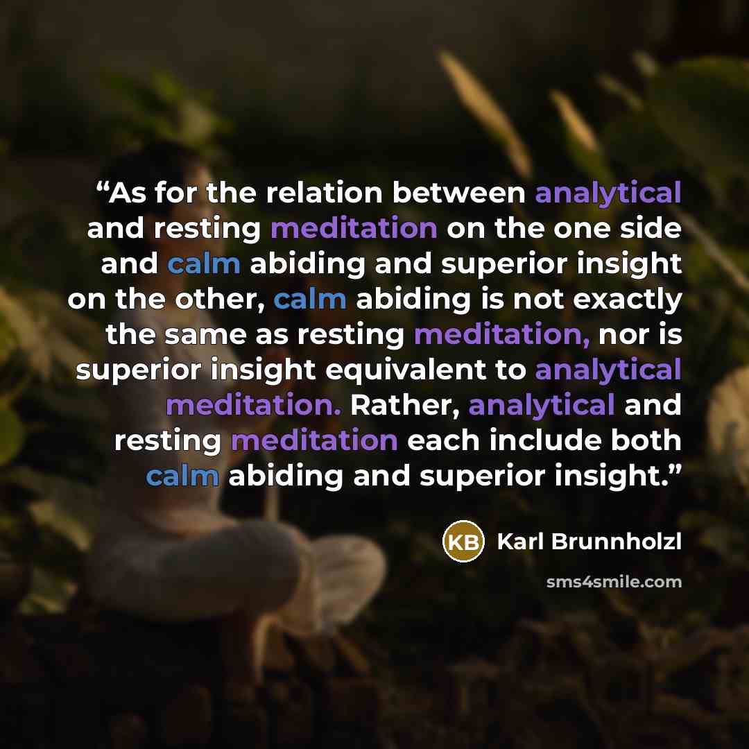 “As for the relation between analytical and resting meditation on the one side and calm abiding and superior insight on the other, calm abiding is not exactly the same as resting meditation, nor is superior insight equivalent to analytical meditation. Rather, analytical and resting meditation each…” quote by Karl Brunnholzl