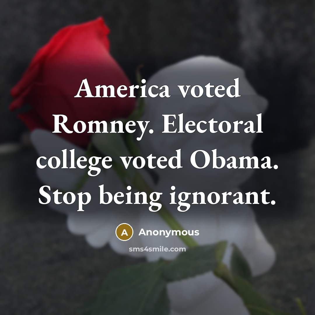 “America voted Romney. Electoral college voted Obama. Stop being ignorant.” quote by Anonymous