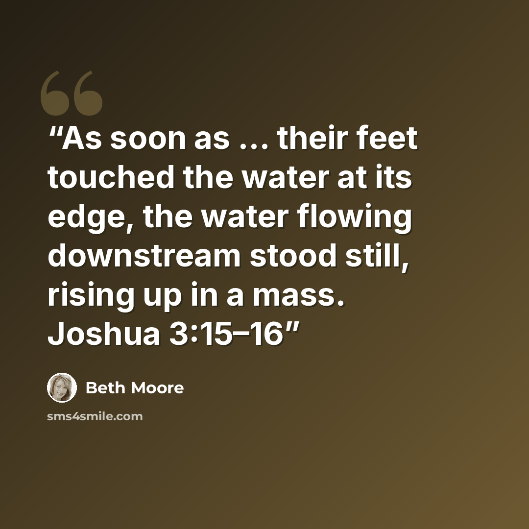 “As soon as … their feet touched the water at its edge, the water flowing downstream stood still, rising up in a mass. Joshua 3:15–16” quote by Beth Moore